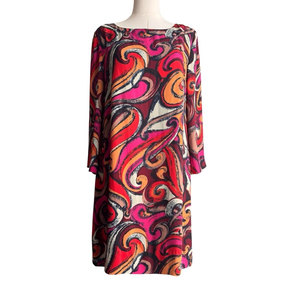 MAEVE Anthropologie Flavia Colorful Swirl print Long Sleeve Dress, Size Medium.